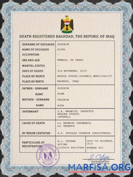 Printable Iraq vital record death certificate PSD template